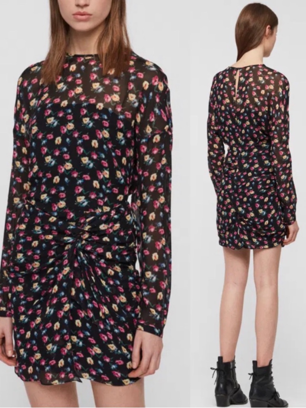 All Saints Rylie Kukio Floral Romantic Ruffle Draped Mini Dress Black